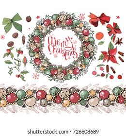 Christmas set  with festive elements. Winter garland with fir branches, glass balls, snowflakes. Isolated elements for festive season design,decoration, advertisement, greeting cards.