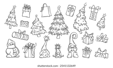 Christmas set of festive line icons. Outline cute snowman and gnome characters, hand drawn sketch of present box and Xmas tree. Merry Christmas, Happy New Year icons collection vector illustration