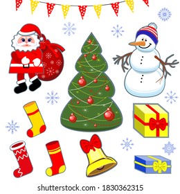 Christmas set of festive new year elements in a flat style. Fireplace, Christmas tree, Santa with gifts, socks, bell. Vector illustration.