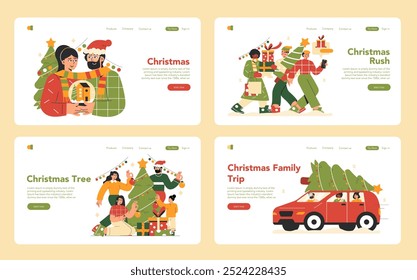 Christmas set. Festive season activities with gift exchange, busy shopping, tree decoration, and family road trip. Celebratory illustrations of holiday joy and traditions. Vector illustration.