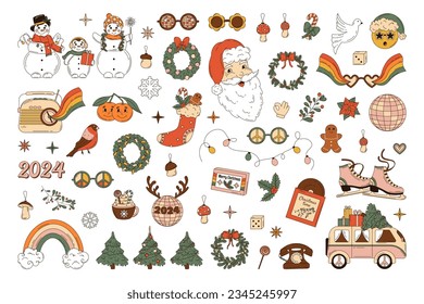 Christmas set of festive symbols and design elements. Santa Claus, Snowman, Christmas tree, bus, rainbow,  radio, sock, coffee, mushrooms, gingerbread in trendy retro cartoon style.