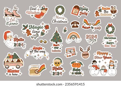 Christmas set of festive symbols and design elements. Santa Claus, Snowman, Christmas tree, bus, rainbow, radio, sock, coffee, mushrooms, gingerbread in trendy retro cartoon style.	