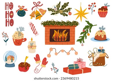 Christmas set of festive symbols and design elements. Decorations, fireplace, toys, candles, gift. Collection of albums for clippings. Winter greeting card. Happy New Year. Vector Illustration