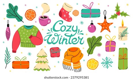 Christmas set of festive symbols and design elements. Cute flat illustration in hand drawn style. Cozy Winter lettering. Kids illustration for Christmas time. Scrapbook collection.