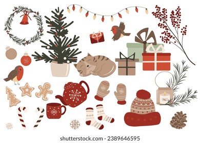 Christmas set of festive symbols. Warm clothes, birds, cat, gifts, teapot.  Vector illustration EPS10