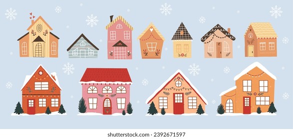 Christmas set of festive winter houses. Cozy houses decorated for the holiday collection