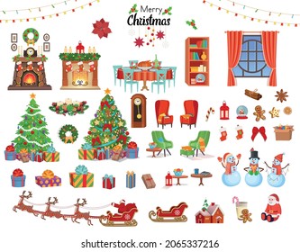 Fiesta navideña con chimenea, sillas, árbol de Navidad, mesa de vacaciones con comida, regalos, guirnaldas, hombres de nieve, santa claus y reno.Ilustración de dibujos animados vectores.