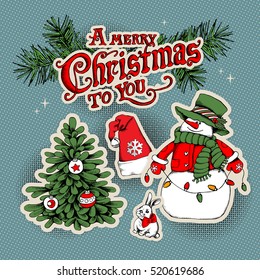 Christmas set. Fir-tree, Santa's cap with a bell, Snowman, bunny. Vector illustration.