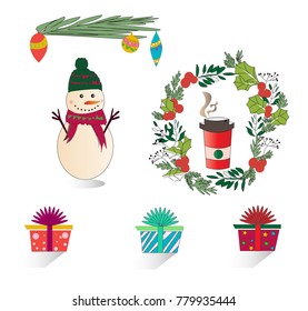 christmas set of flat illustration consists of a snowman with hat and scarf, a hot cup of tea or coffee, a christmas wreath, bright presents and christmas tree decorations. Vector isolated.