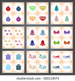 Christmas. A set of flat stickers with shadow on old paper. Vector illustration