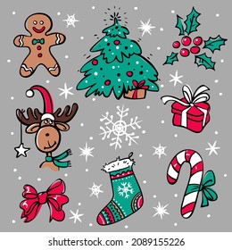 Christmas set in flat style isolated on gray background. Includes Christmas tree, holly berries, gift, bow, gingerbread man, sock, snowflake, striped candy, elk. Drawn by hand as a sketch. Vector.