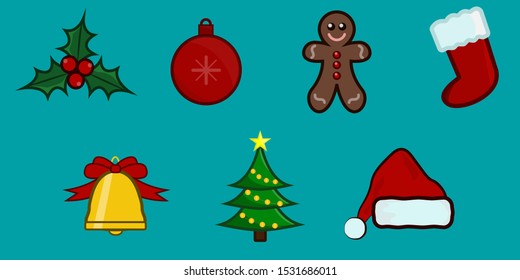 
Christmas set in flat style on a plain background. Bell, cookies for Santa, ball, Santa hat, snowman, Christmas tree. Vector.