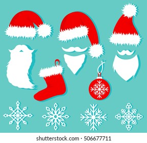 Christmas set in flat style. Vector illustration. Santa hats and beards.