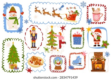 Christmas set of flat vector festive illustrations with whimsical frames, Santa Claus in a sleigh, a snowman, a nutcracker, decorated trees, gifts, ice skates, a snow globe, and festive elements.