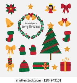 Christmas set of flat vector illustration. Christmas collection of design elements with christmas tree, wreath or garland, bow, candle, angel, socks, gloves, bonnet, ribbon, gift, poinsettia, star.