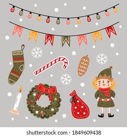 Christmas set. Flat vector illustration. Christmas elf, advent wreath, bag with gifts, candle, stocking, candy cane, garlands, conifer cone in cartoon style. New Year decorative elements