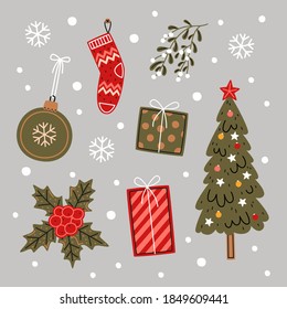 Christmas set. Flat vector illustration. Christmas tree, holly, gifts, mistletoe, stocking, glass bauble in cartoon style. New Year decorative elements