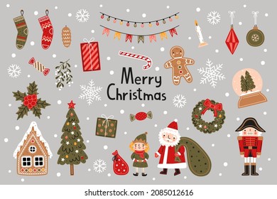 Christmas set. Flat vector illustration. New Year decorative elements