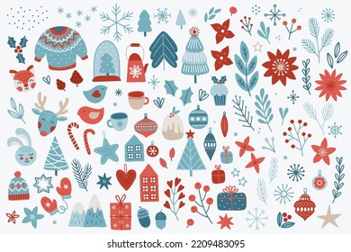 Christmas set - flowers, fir trees, animals, snowflakes, birds, house, tea, teapot, mountains, mittens, sweater, holly berry, acorn, cone, fox, rabbit, deer, hat. Perfect for winter holidays