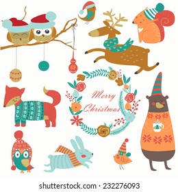 Christmas set with forest animals in cartoon style. Cute owl, birds, sleeping reindeer, bear, hare, fox, squirrel and flowers.