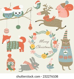 Christmas set with forest animals in cartoon style. Cute owl, birds, running reindeer, bear, hare, fox, squirrel and flowers.