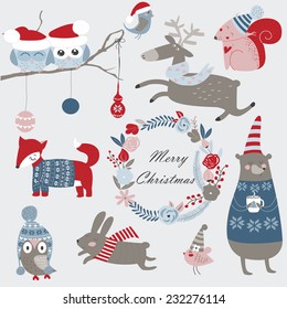 Christmas set with forest animals in cartoon style. Cute owl, birds, sleeping reindeer, bear, hare, fox, squirrel and flowers.