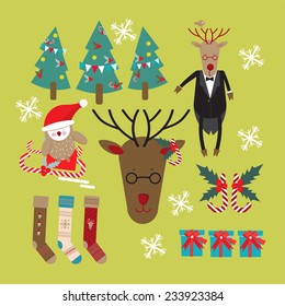 Christmas set with forest animals in cartoon style. Cute owl, birds, running reindeer, bear, hare, fox, squirrel and flowers.