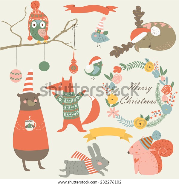 Christmas Set Forest Animals Cartoon Style Stock Vector (Royalty Free ...