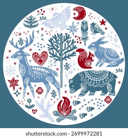 Christmas set with forest animals deer, bear, rabbit. Winter design elements, holiday decorations. Isolated vector illustration in a round shape, hand drawing style. Winter elements for design