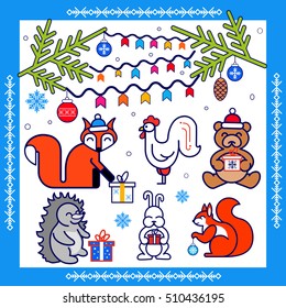 Christmas set with forest animals.stylized animals in the style of line art