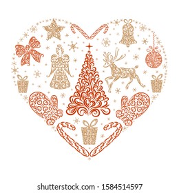 Christmas set in the form a heart: tree, angel, reindeer, Christmas ball, gift, star, bell, bow, caramel cane, mitten, snowflakes. Line draw. Isolated on a white background. Stock vector illustration.