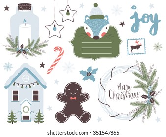 Christmas set with with fox, candle, wreath, gingerbread man, house and toys. Template for Stickers, Greeting Scrapbooking, Congratulations, Invitations, Planner.