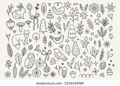 Christmas set - fox, owl, bird, rabbit, mushroom, flower, snowflake, fir tree, berry, leaves on white background. Perfect for winter greeting cards, decorations. Vector outline hand drawn illustration