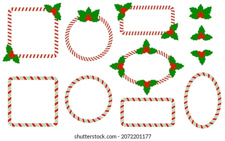 Christmas set  frame candy   cane  with Holly leaves. Festive decorative geometric shapes circle, square, ellipse, rectangle. Vector isolated.