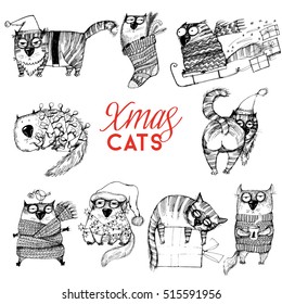 Christmas set of funny cat.Vector cristmas funny cats