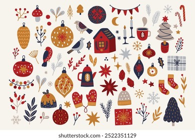 Christmas set - garland, house, fir tree, candles, cake, berries, mittens, hat, socks, candy cane, balls on white background. Perfect for winter greeting cards, decorations. Vector illustration