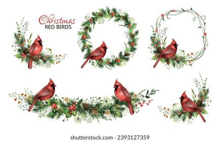 Christmas set with garlands, pine wreaths and red cardinal birds. Vector illustration.