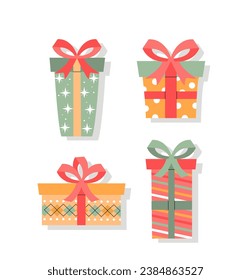 Christmas set gift boxes. Present and surprise for winter holiday and festivals. Sale and marketing. Noel period. Poster or banner. Cartoon flat vector collection isolated on white background