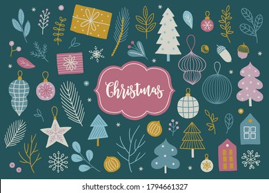 Weihnachtsgeschenk, Stern, Schneeflocken, Ball, Nuss, Haus, Fichtenbaum, Fichtenäste, Akkorn, Blätter, Beeren, Baubles, Schnee, Schneeflocken, Dekoration auf dunklem Hintergrund. Perfekt für Winterurlaub