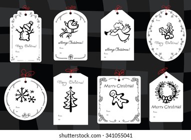 Christmas set with gift tags. Collection with doodle hanging labels. Vector illustration with Angel, Snowman, snowflakes, Christmas tree, Gingerbread man in line art black and white style