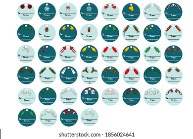 Fiesta de Navidad con etiquetas de regalo. Las etiquetas de celebración de las vacaciones de invierno con un lindo muñeco de nieve, árbol de Navidad, migajas, copo de nieve, rebosando con un estilo de doodle de contorno largo. Ilustración vectorial plana.