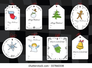 Christmas set with gift tags. Winter holidays celebration labels with cute snowman, Christmas tree, mitten, snowflake, stocking in long contour doodle style. Vector illustration