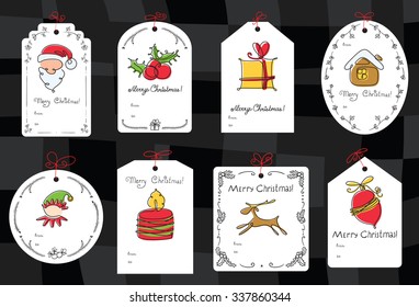 Christmas set with gift tags. Winter holidays celebration labels with cute elf, gift box, candle, red nosed deer, berries in long contour doodle style. Vector illustration