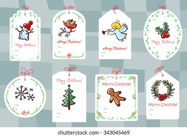 Christmas set with gift tags. Winter celebration labels with doodle snowman, angel, Christmas tree, gingerbread man and snowflake and funny bird. Vector illustration for sale, shops 