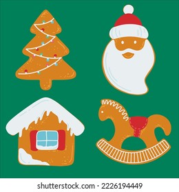 Christmas set of gingerbread cookies decorated with sugar icing. Cookies in the form of Santa, a Christmas tree, a horse and a house. Traditional holiday design. Vector isolated illustration.