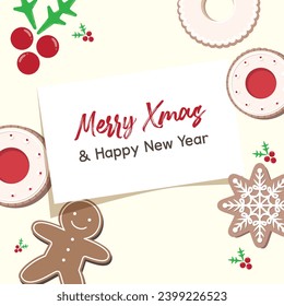 Christmas set of gingerbread decorated with sugar icing. Cookies in the form of Snow, a man, a cookies icon doodle