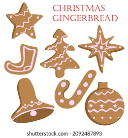 Christmas set of gingerbread, honey cakes decorated with white icing. Gingerbread in the form of hook, ball, bell, Christmas tree, boot, star. New Year greeting card. Vector illustration.