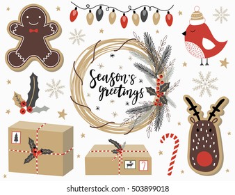 Christmas set with with gingerbread man, deer, gift box, wreath, bird, lettering and florals. Template for Greeting Scrapbooking, Congratulations, Invitations, Stickers, Paper notes.