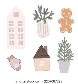 Christmas set gingerbread man, fir tree in a pot, winter house, mittens vector illustration  postcards, prints, stickers