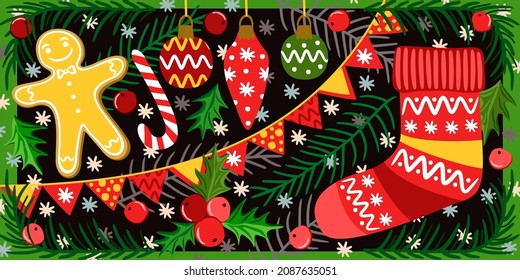Christmas set with gingerbread man, holly berries, fir branches, snowflakes, candy, winter sock and christmas toys on dark background. Bright New Year winter bundle.